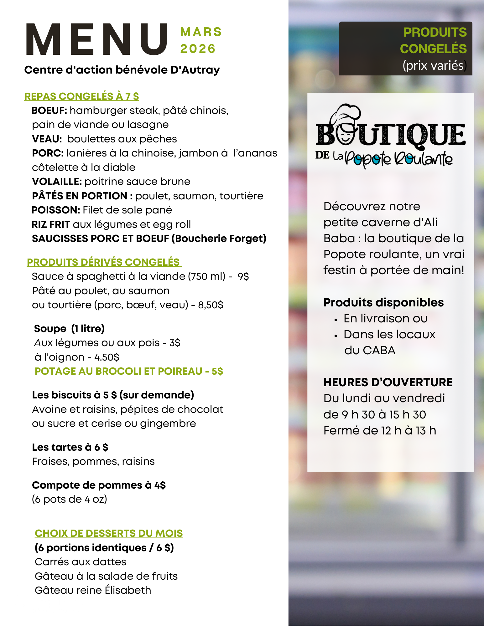 Popote produits congelés dérivés mars 2026